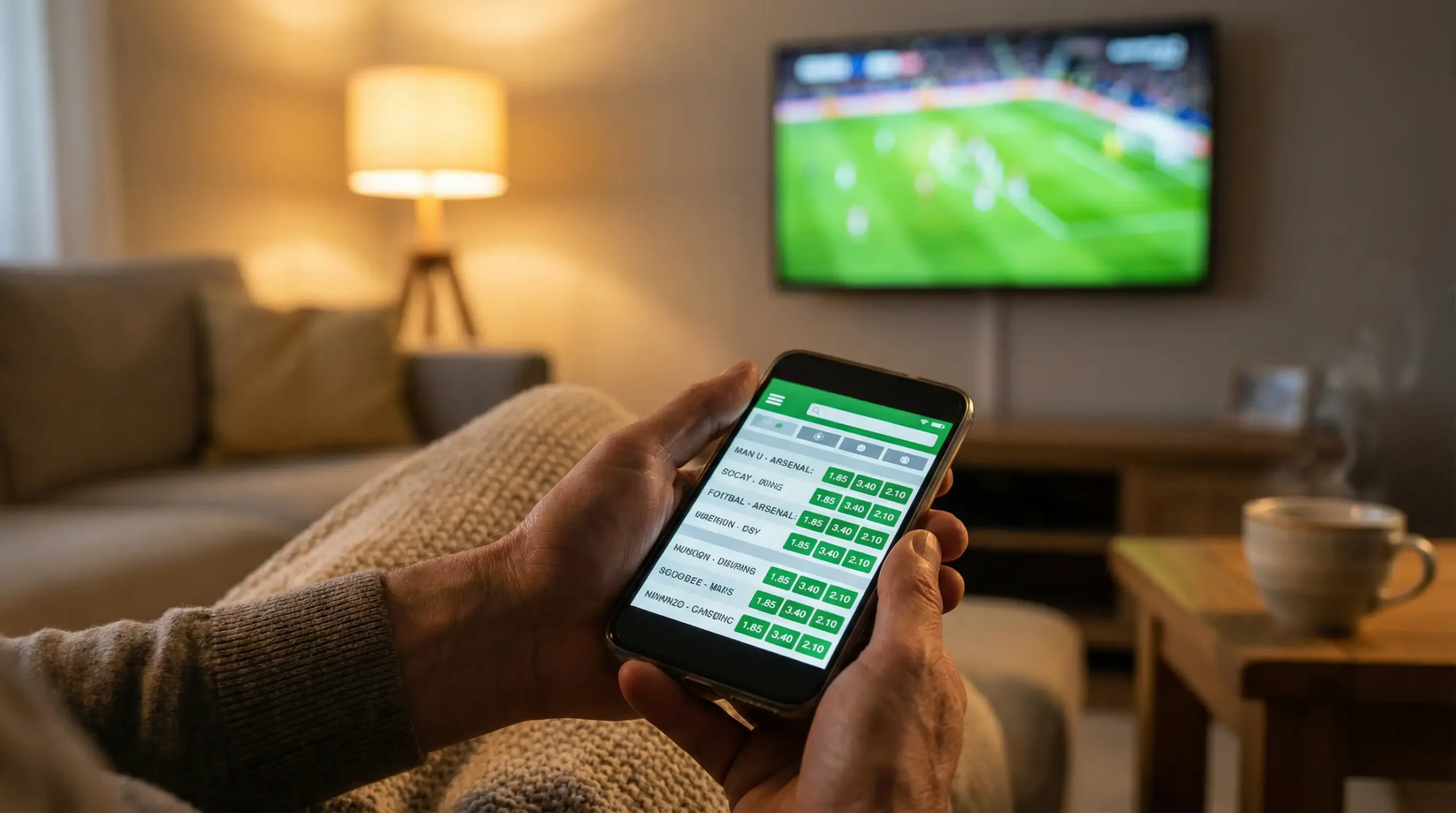 Persona consultando cuotas de apuestas deportivas en un teléfono móvil con un partido de fútbol en la televisión de fondo