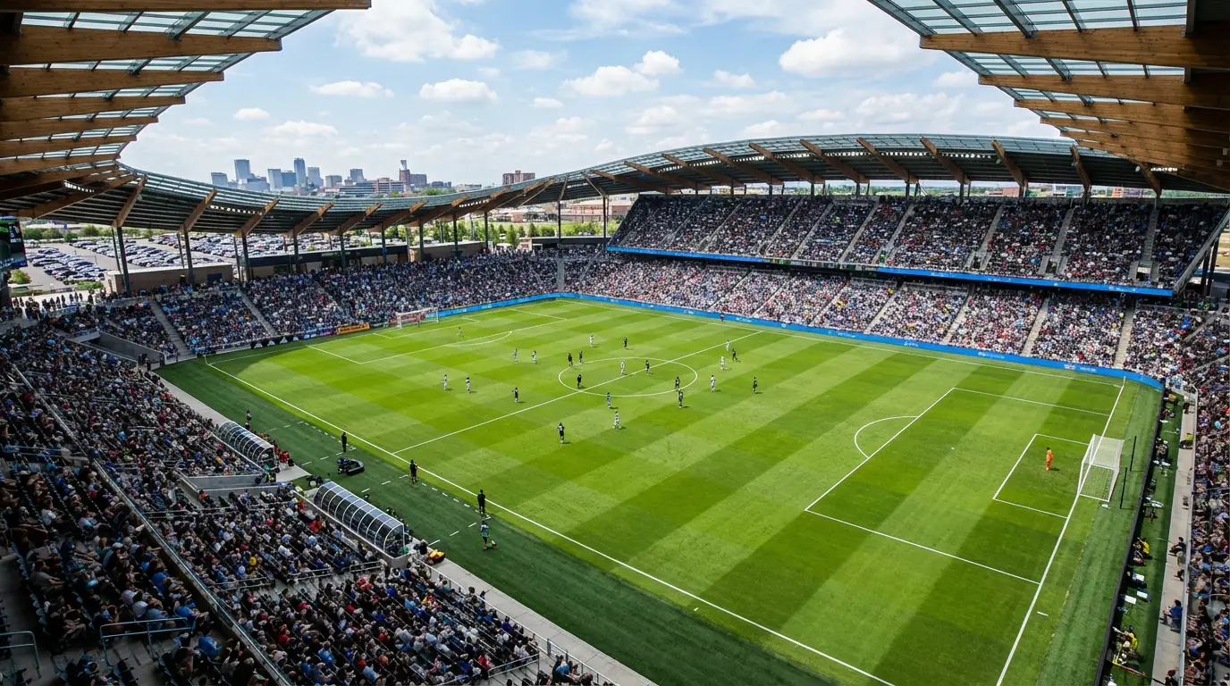 Vista aérea de un campo de fútbol de la MLS con las líneas del terreno de juego y los banquillos visibles