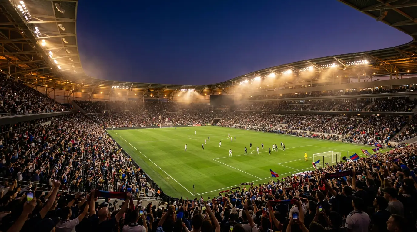 Estadio de la MLS durante un partido nocturno con las gradas llenas
