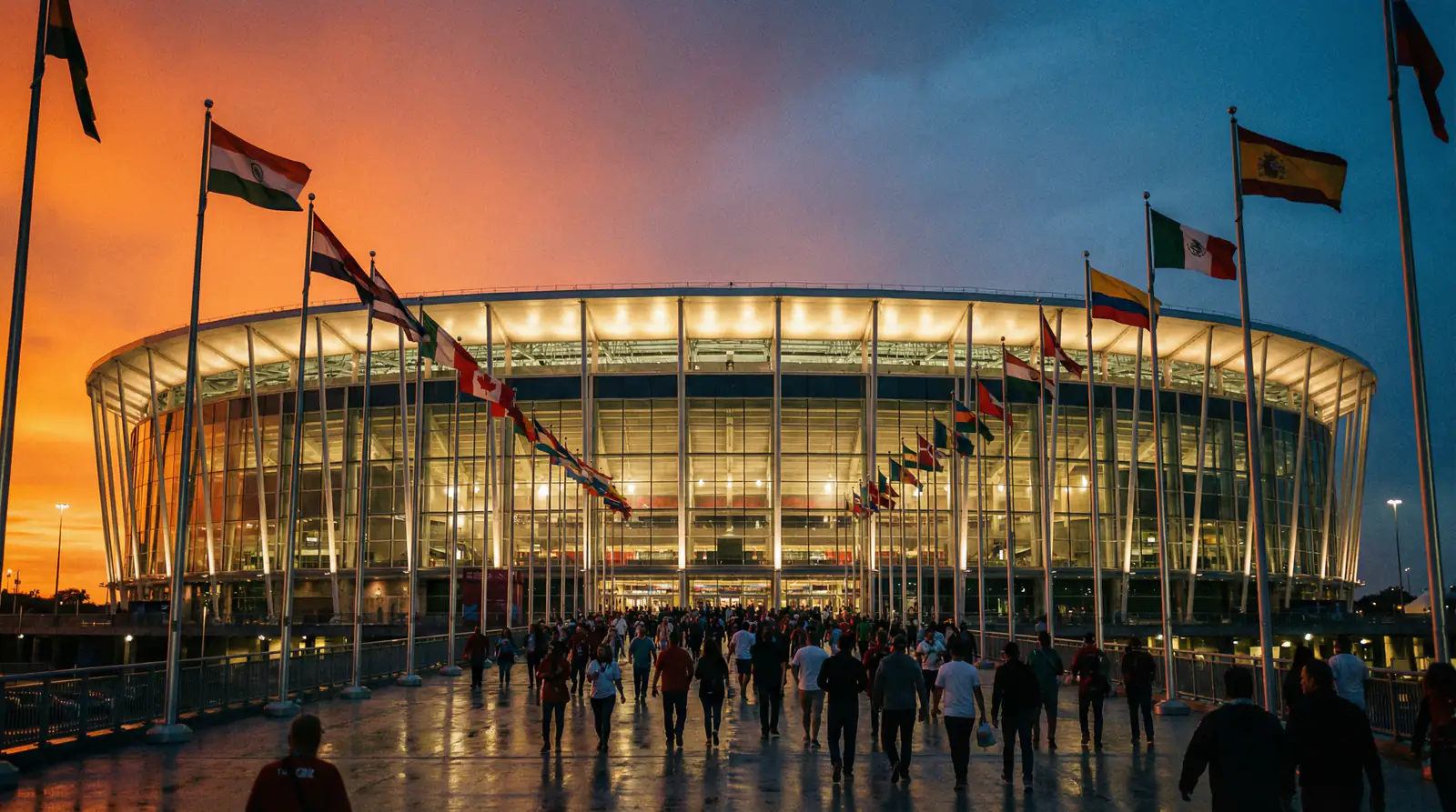 Estadio de fútbol grande preparado para un evento internacional con banderas de diferentes países en las tribunas