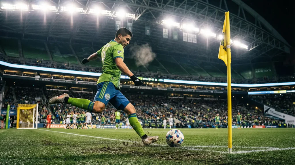Saque de esquina en un partido de la MLS sobre césped natural bajo focos nocturnos