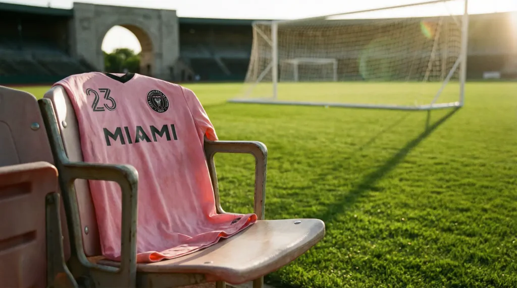 Camiseta rosa de fútbol sobre césped de estadio con red de portería al fondo