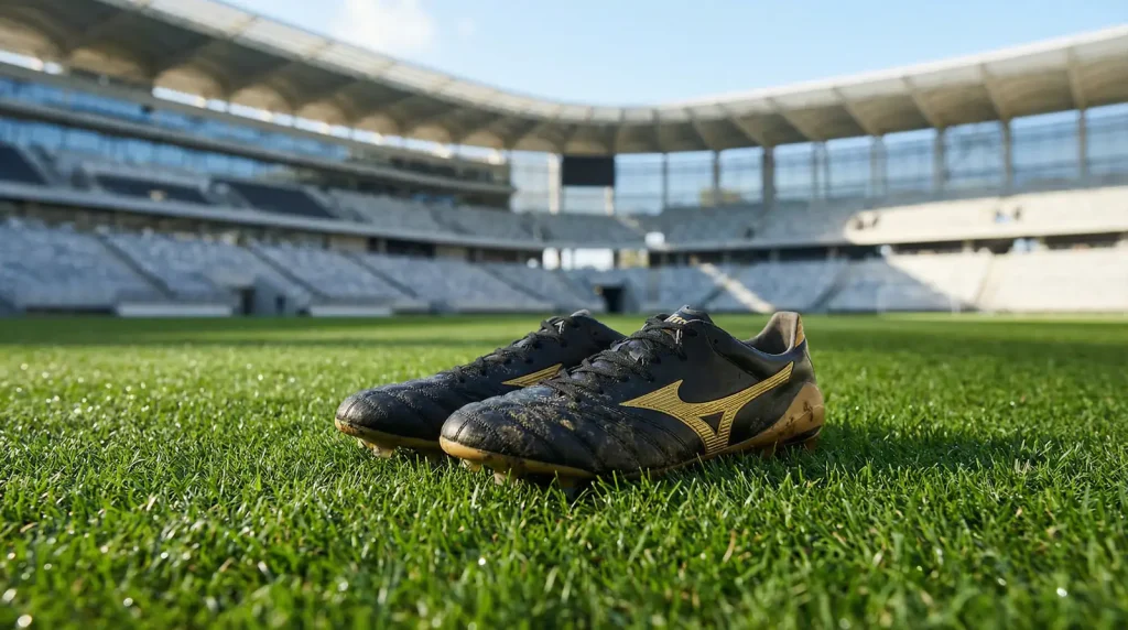 Botas de fútbol negras y doradas sobre césped de estadio con gradas vacías
