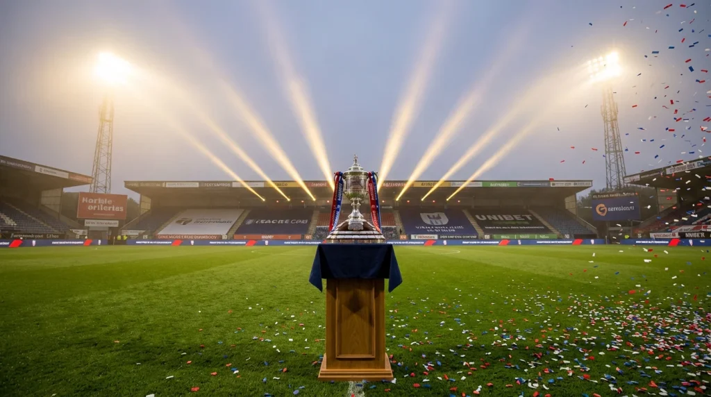 Trofeo de fútbol plateado sobre podio con césped de estadio y focos encendidos al fondo