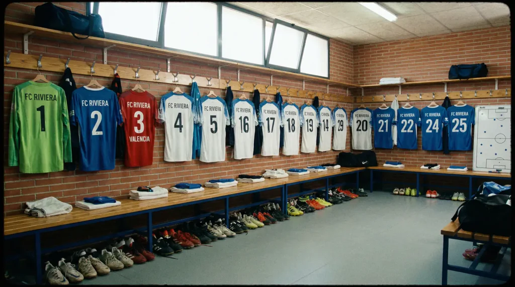 Vestuario de fútbol con camisetas colgadas y botas alineadas frente a banquillo de madera