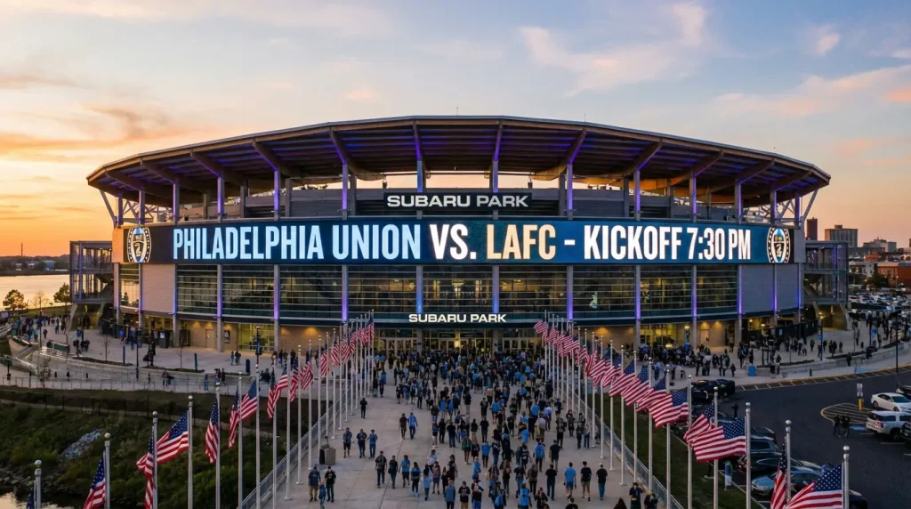 Estadio de fútbol en Estados Unidos con banderas americanas y pantallas mostrando cuotas de apuestas