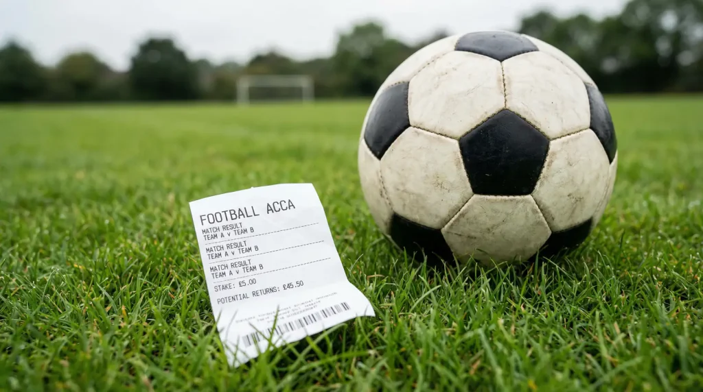 Boleto de apuestas múltiples junto a un balón de fútbol sobre césped de estadio