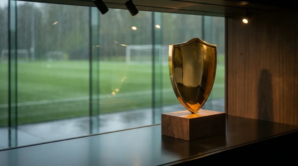 Trofeo del Supporters Shield de la MLS en una vitrina con césped de fútbol de fondo
