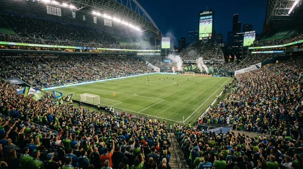 Estadio de fútbol de la MLS lleno de aficionados durante un partido nocturno