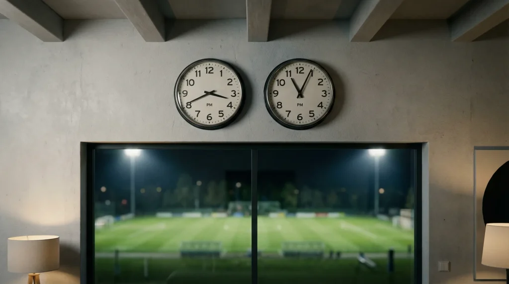 Reloj mostrando diferencia horaria entre España y Estados Unidos con un campo de fútbol de fondo
