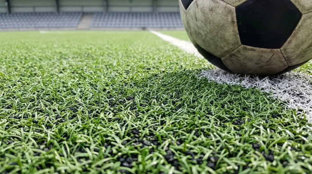 Detalle de césped artificial en un estadio de la MLS con balón de fútbol