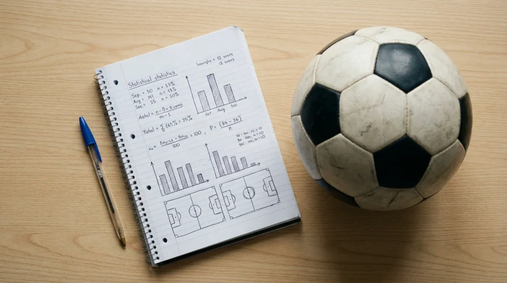 Cuaderno abierto con bolígrafo y gráficos estadísticos junto a un balón de fútbol sobre mesa