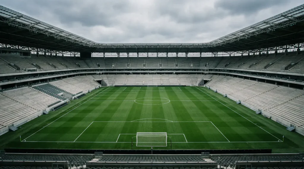 Campo de fútbol vacío visto desde las gradas con marcas de líneas blancas sobre césped verde