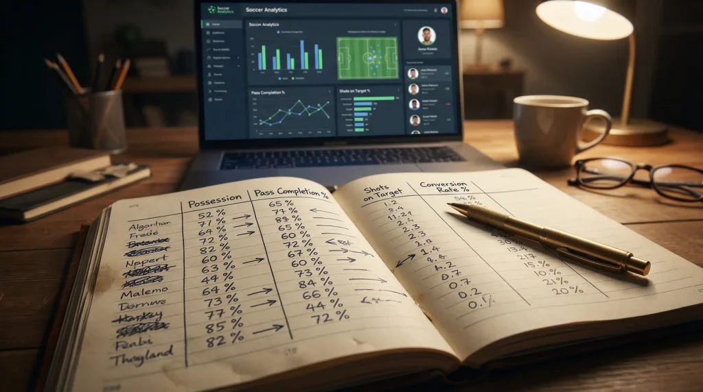 Cuaderno con anotaciones de apuestas junto a un portátil mostrando estadísticas de fútbol