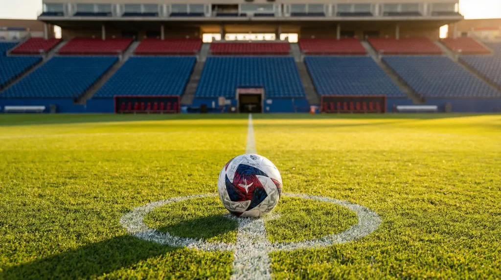 Balón de fútbol sobre césped con elementos visuales de la MLS y ligas europeas