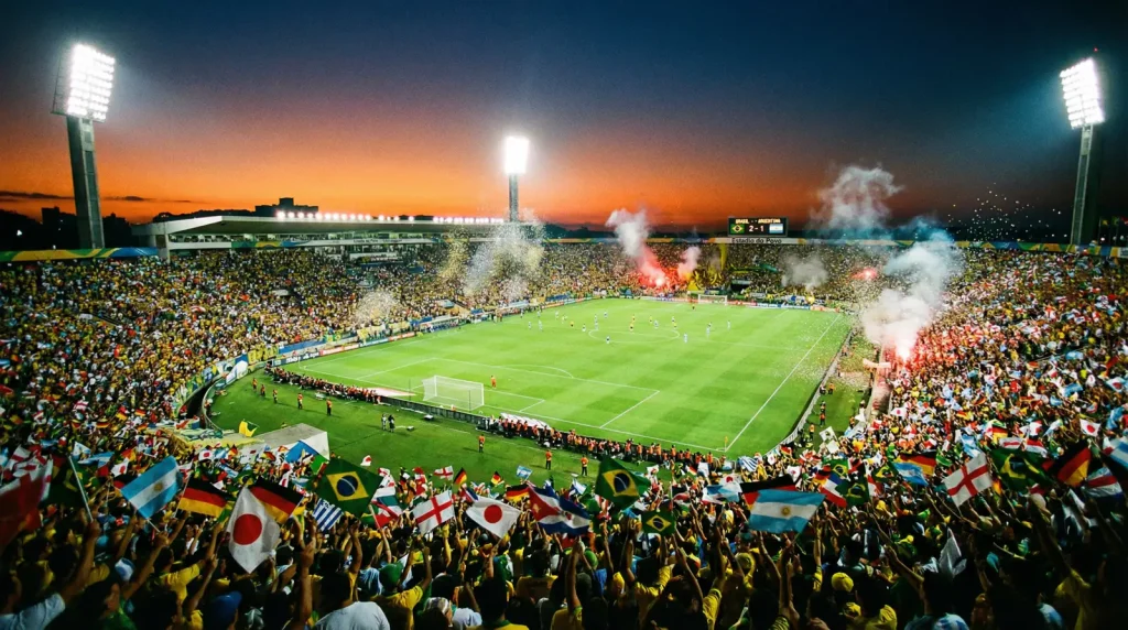 Estadio de fútbol lleno de aficionados con banderas de distintos países y césped iluminado