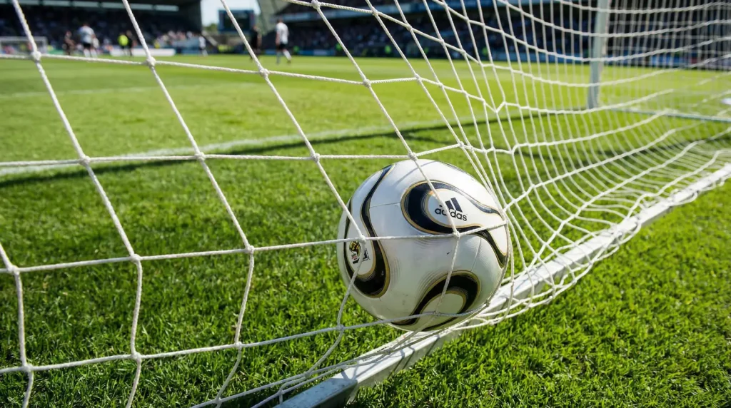 Balón de fútbol dentro de la red de una portería sobre césped verde de estadio