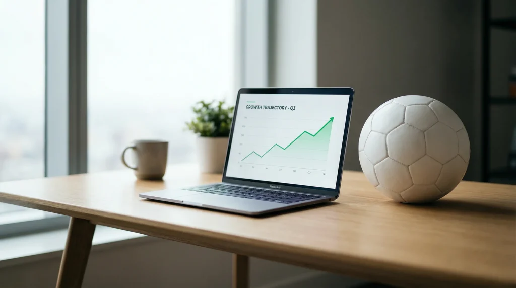 Pantalla de ordenador mostrando gráficos de mercados de predicción con un balón de fútbol sobre la mesa
